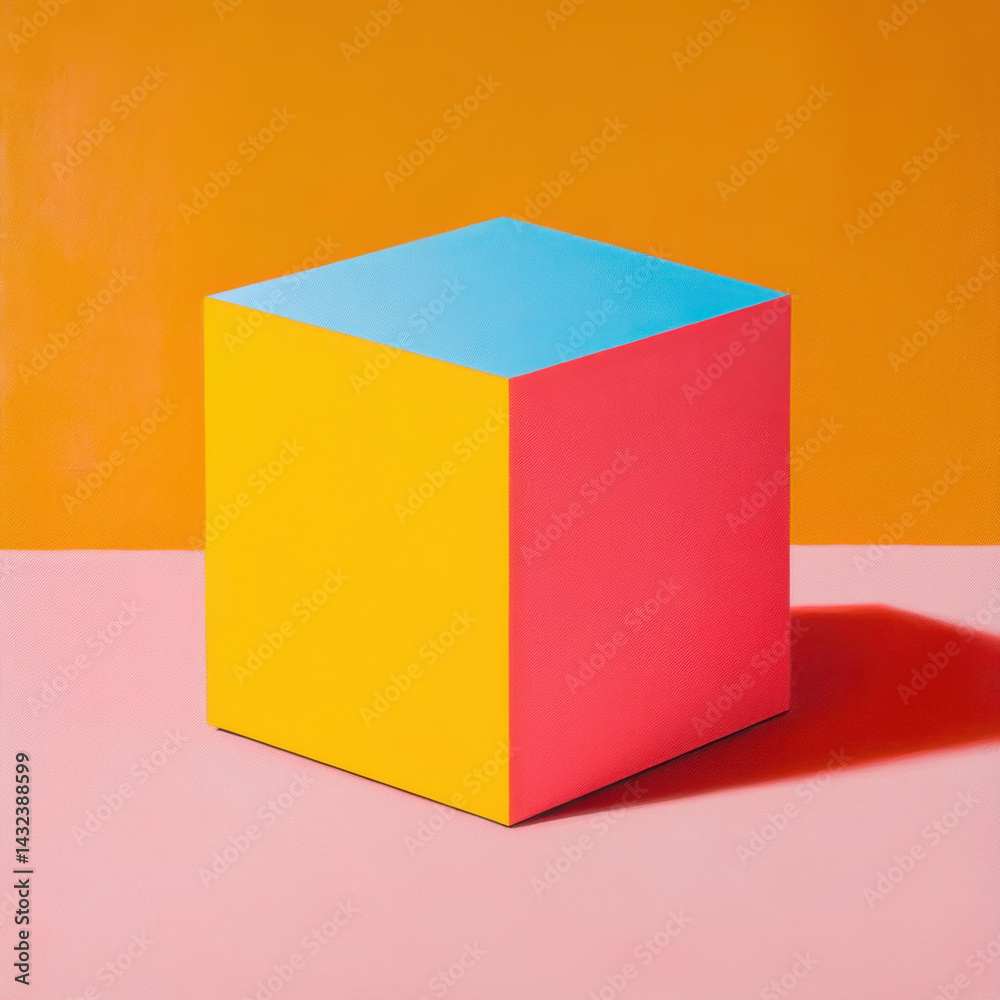 Fototapeta premium vibrant cube with bright yellow and pink exterior and blue top sits against warm orange background, creating striking visual contrast that evokes sense of playfulness and creativity