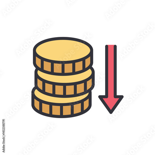 Decrease coins colored icons, minimalist vector illustration ,simple transparent graphic element .Isolated on white background