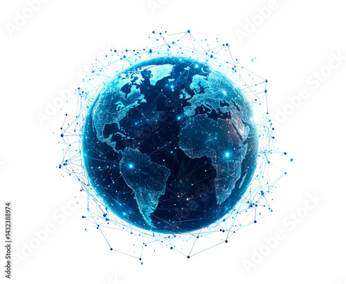A digital representation of Earth connected by a network of nodes and lines isolated on transparent background