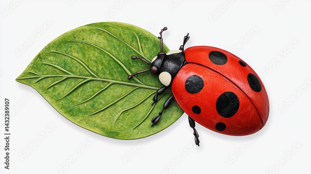Fototapeta premium Bright Red Ladybug on Green Leaf with Detailed Texture and Colors