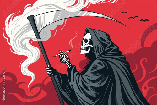 A spectral, smoke-formed Grim Reaper, ethereal and chilling, extends a burning cigarette in a macabre offering.  Dark, moody lighting.