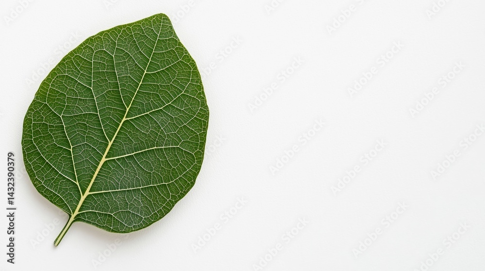 Obraz premium A vibrant green leaf with intricate vein patterns, set against a plain background, showcasing its natural beauty and texture.
