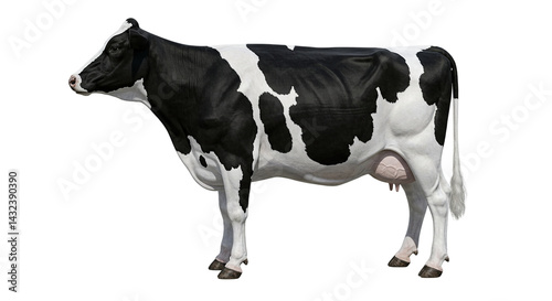 A full body view of a black and white holstein cow standing against a black background in a studio shot