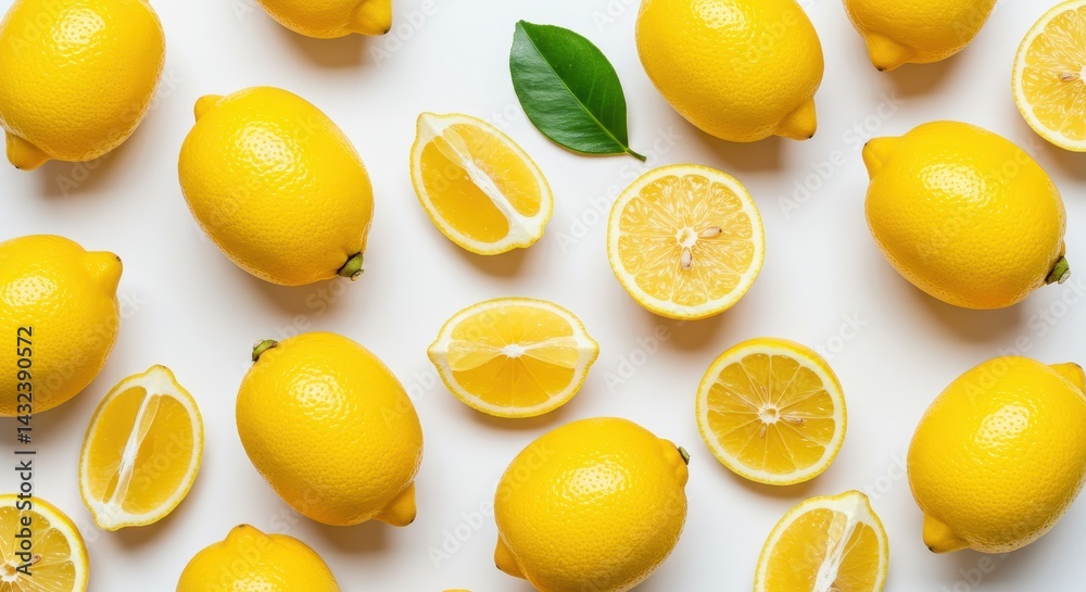 An overhead view of whole and sliced lemons with a single leaf on a white background surface An overhead view of whole and sliced lemons with a single leaf on a white background surface