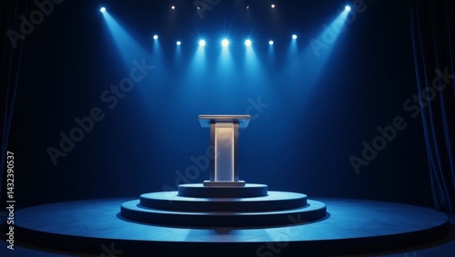 Podium illuminated by spotlights in a darkened room for a speech or presentation