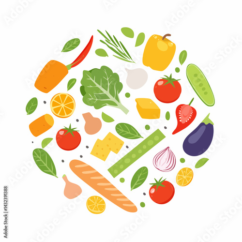 Cooking process at background. Meal preparation from food ingredients. Vector illustration.