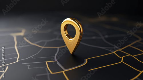 golden location pin stands prominently dark map, showcasing intricate lines and pathways. This striking image captures essence of navigation and modern technology, evoking sense of exploration