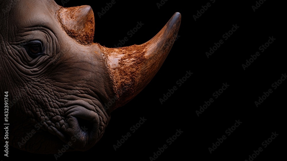 Obraz premium A close-up image of a rhinoceros, showcasing its textured skin and prominent horn against a dark background.