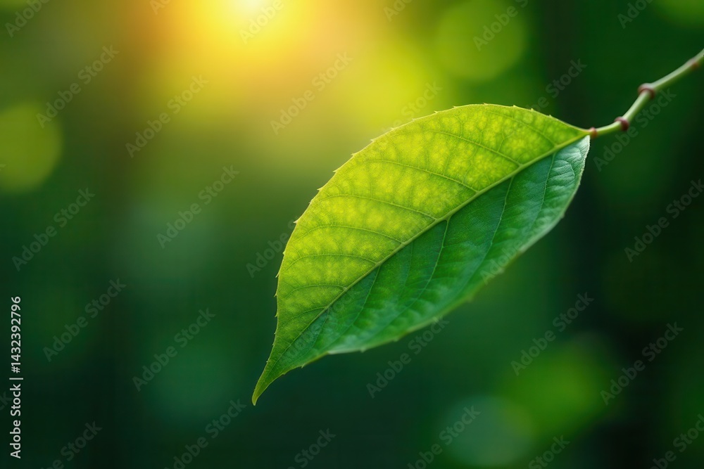 Single Vibrant Green Leaf Illuminated by Warm Sunlight Against a Softly Blurred Background of Lush Greenery Single Vibrant Green Leaf Illuminated by Warm Sunlight Against a Softly Blurred Background of Lush Greenery