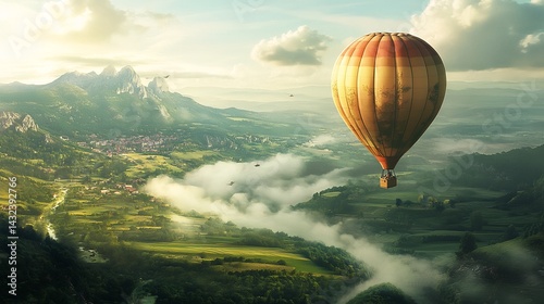 Hot Air Balloon Soaring Above Misty Valley Landscape: A Serene Artistic Vision