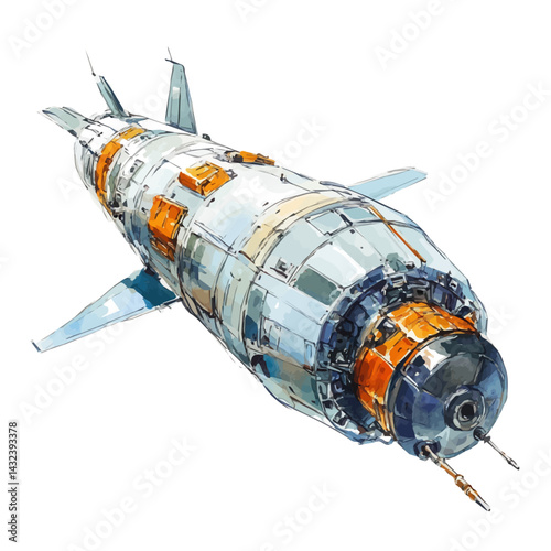 Advanced Space Vehicle, vector watercolor illustration, isolated on a white background.