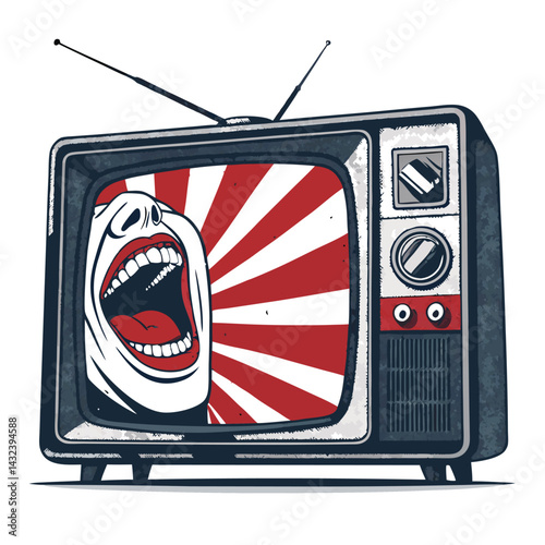 A surreal image of a vintage CRT television with a distorted, screaming mouth emerging from its screen, showcasing a blend of retro technology and visceral horror.
