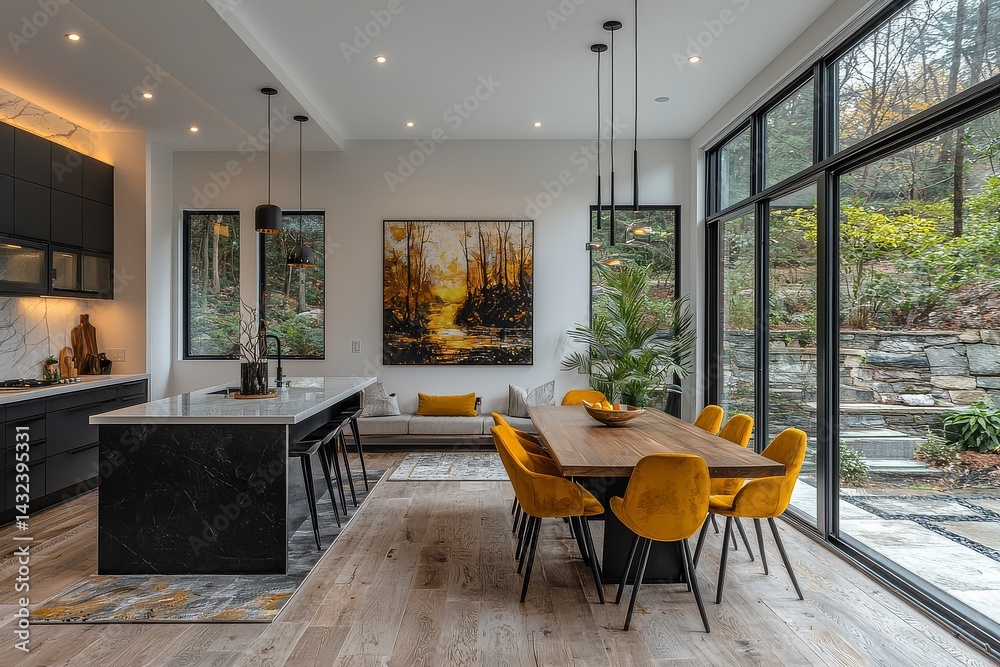 Fototapeta premium Modern dining area with yellow chairs, bench seat, glass door to outdoor space, black metal island, and minimal wall art.