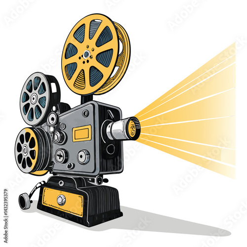 A vintage film projector casting a bright beam, surrounded by stacked film reels; detailed, cinematic lighting, retro aesthetic.