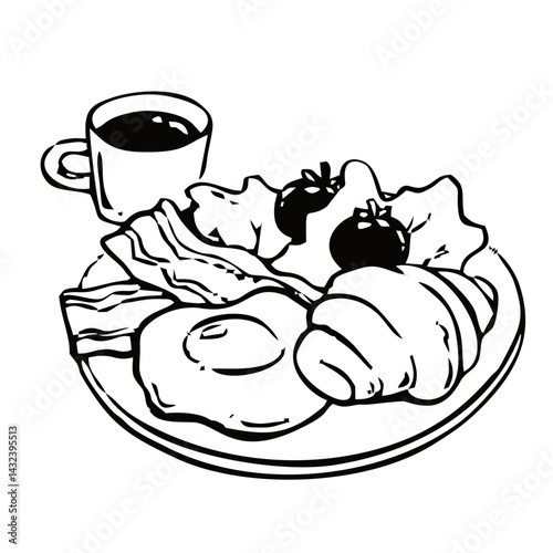 A hearty breakfast spread featuring eggs, bacon, croissants, fresh tomatoes, and a cup of coffee—perfect for starting the day!