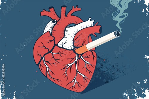 A distressed, cracked heart shape visually impacted by numerous cigarette burn marks, rendered in bold style, highlighting the destructive effects of smoking.