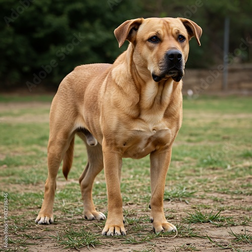 Majestic mixed-breed dog standing alertly in natural outdoor setting with grassy meadow photo