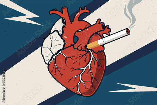 A distressed, cracked heart shape with visible cigarette burn marks, signifying heartbreak and addiction.  Bold, graphic style.