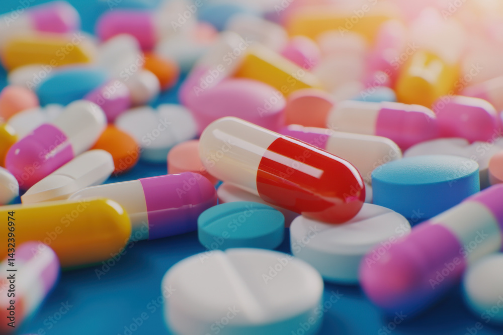 Colorful capsules and tablets scattered on blue surface create vibrant and dynamic scene, showcasing various shapes and sizes of medication. This evokes sense of health and wellness Colorful capsules and tablets scattered on blue surface create vibrant and dynamic scene, showcasing various shapes and sizes of medication. This evokes sense of health and wellness