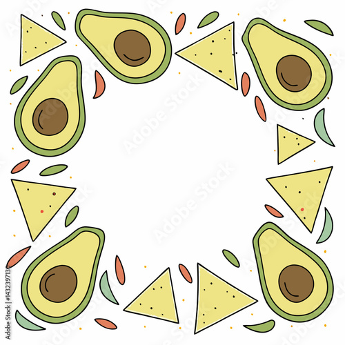 Avocados and tortilla chips decorative border with copy space
