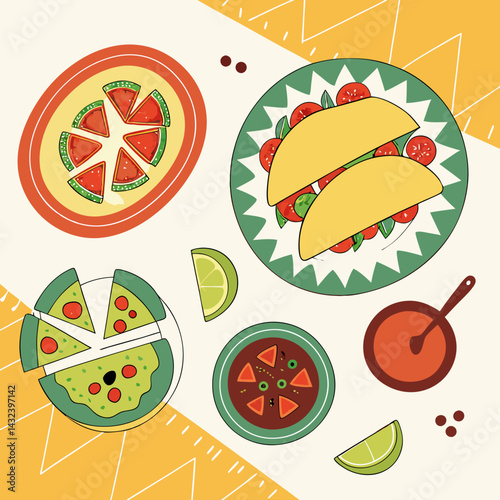 Mexican fiesta table scene with tacos, guacamole, salsa, and colorful plates in flat design