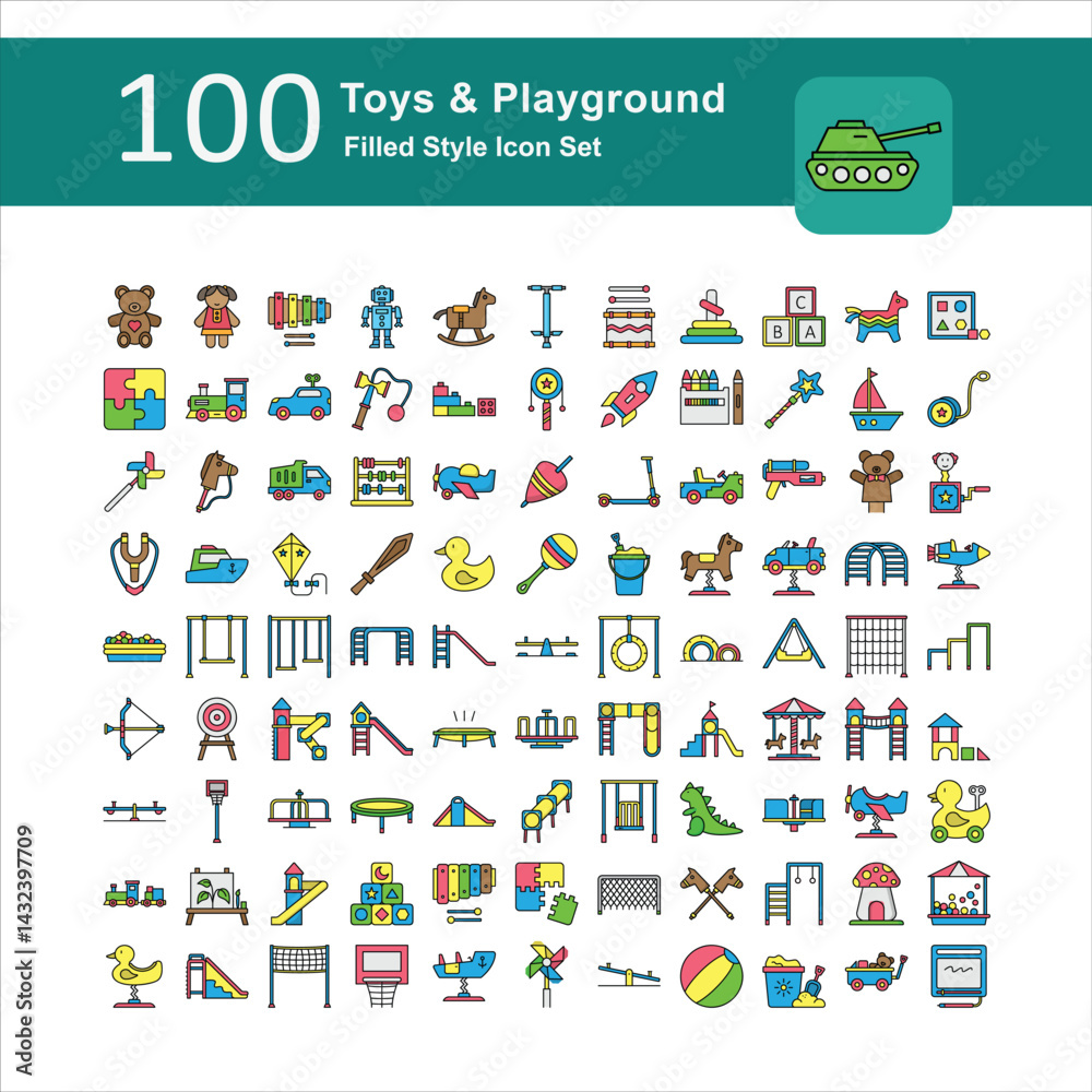 Fototapeta premium Illustration of Toys and Playground Collection design Filled Icon. Toys and Playground Filled Icon Pack. Set of Toys and Playground Outline Icon