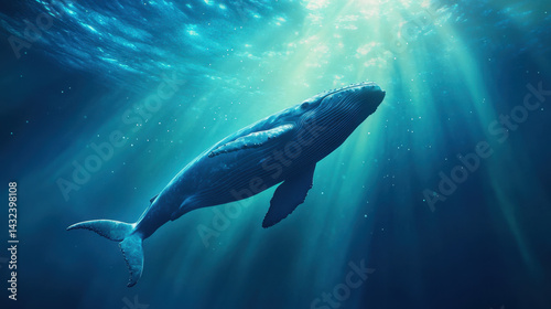 majestic whale gracefully swims beneath ocean surface, illuminated by beams of sunlight filtering through water. This serene scene captures beauty of marine life