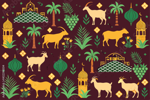 Intricate Islamic geometric pattern densely filled with stylized goats, cows, and Ketu (mythological figure) illustrations.  Create a vibrant, detailed image.