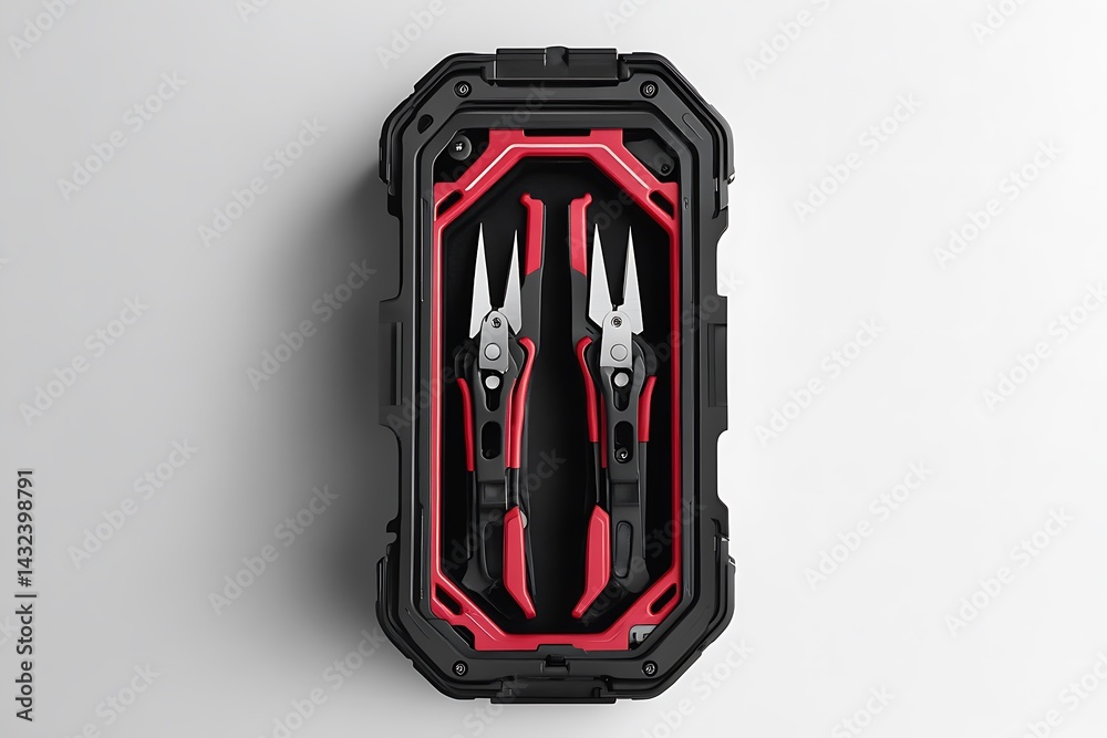 Naklejka premium Two Pruning Shears in Black, Red Hard Case Sharp Blades, Tool Organizer, CloseUp Shot