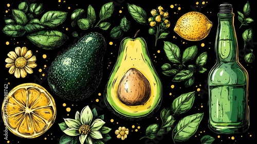 Fresh, vibrant botanical illustration of avocados, lemons, herbs, and flowers