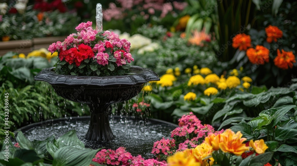 Garden centerpiece with a fountain surrounded by seasonal flowers in full bloom Garden centerpiece with a fountain surrounded by seasonal flowers in full bloom