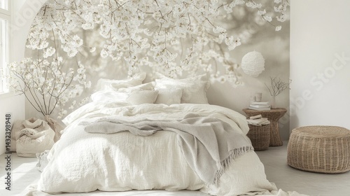 A serene bedroom featuring a light and airy cherry blossom mural.