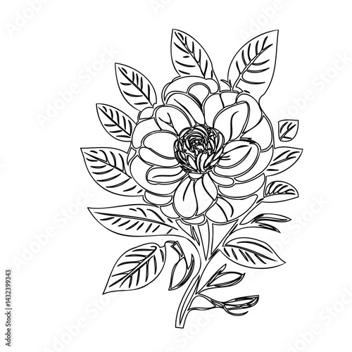 Elegant monochrome botanical illustration featuring a blooming flower with foliage