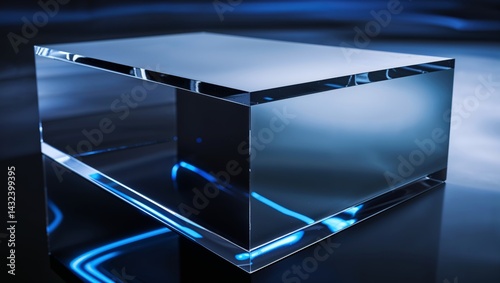 Reflective glass cube with glowing blue accents creating an ethereal display