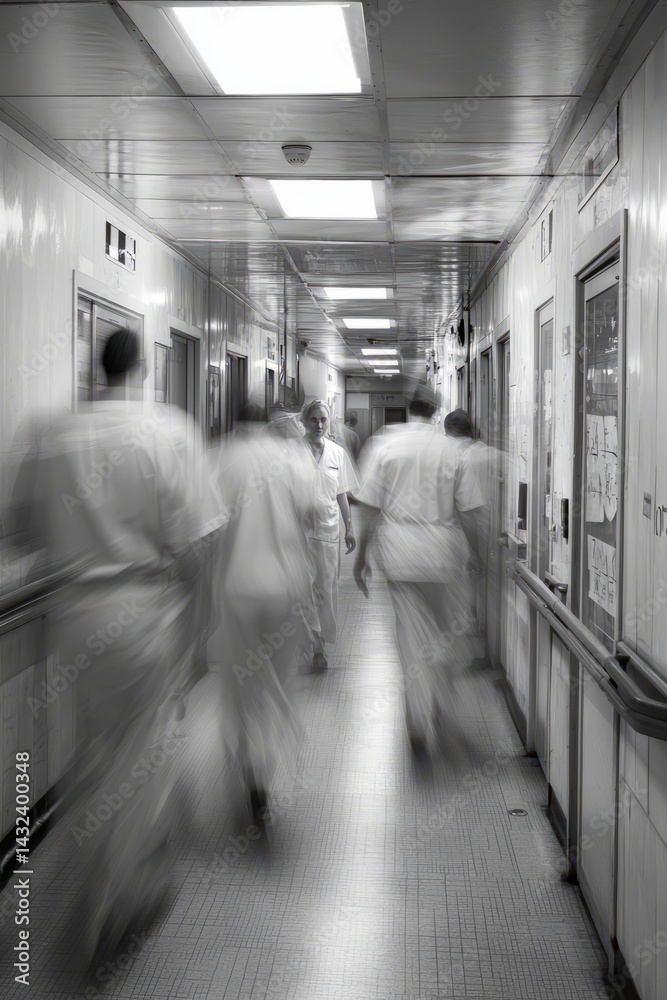 A busy hospital hallway with staff moving quickly. A group of doctors and nurses meet to discuss a patient’s progress. The mood is focused and determined