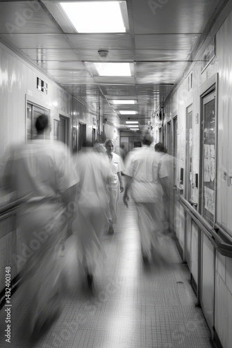 Obraz na płótnie A busy hospital hallway with staff moving quickly. A group of doctors and nurses meet to discuss a patient’s progress. The mood is focused and determined w salonie
