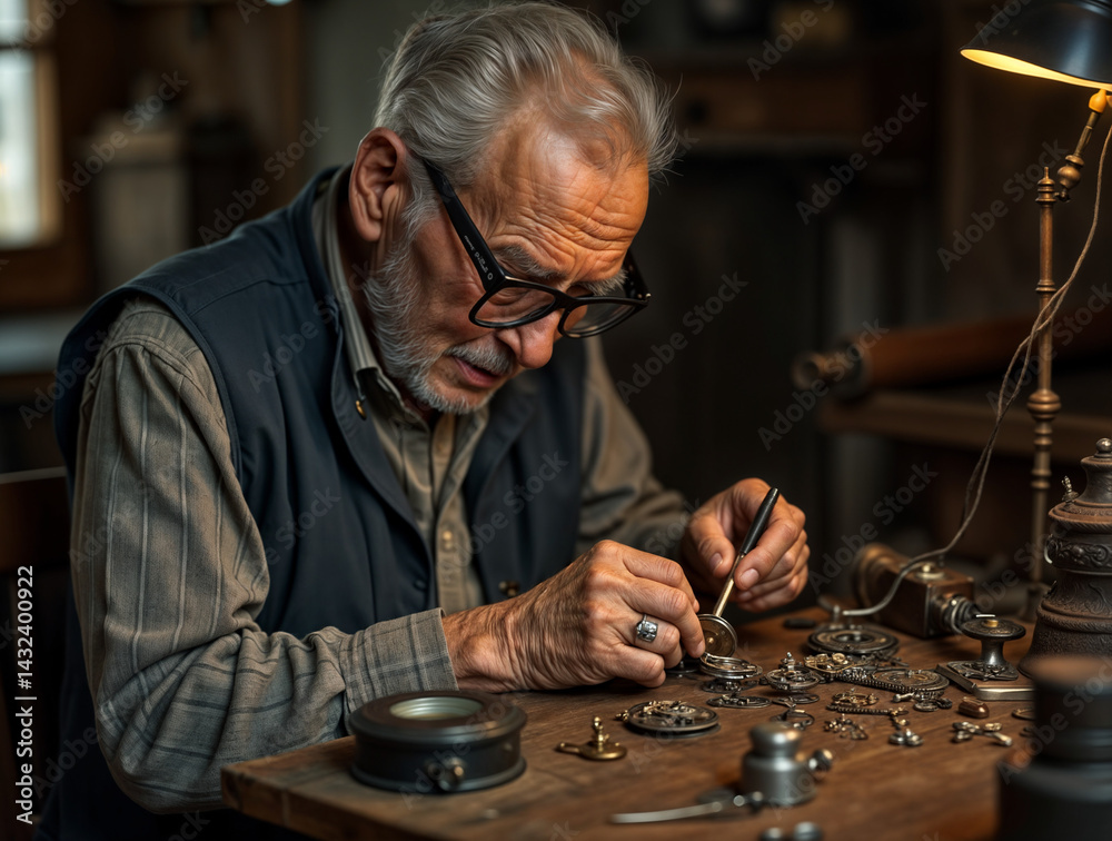 An elderly man with glasses is focused on repairing a small object on a cluttered table, surrounded by various tools and parts