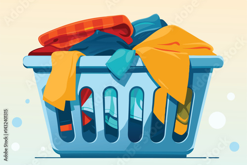 A photograph of a laundry basket overflowing with brightly colored clothes, showcasing a chaotic yet vibrant pile of garments.