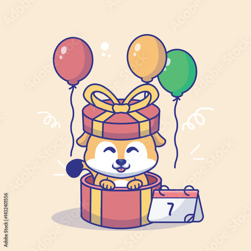 Illustration vector grapich of shiba inu in the giftbox perfect for happy birthday greetings