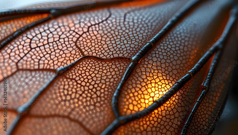 Fototapeta premium Dragonfly Wing Detail: Delicate Structure with Warm Illumination