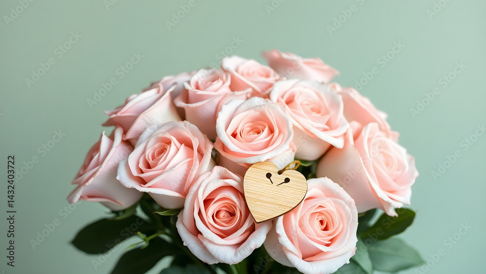 Fototapeta premium Delicate Peach Roses Bouquet Velvety Petals & Wooden Heart Charm