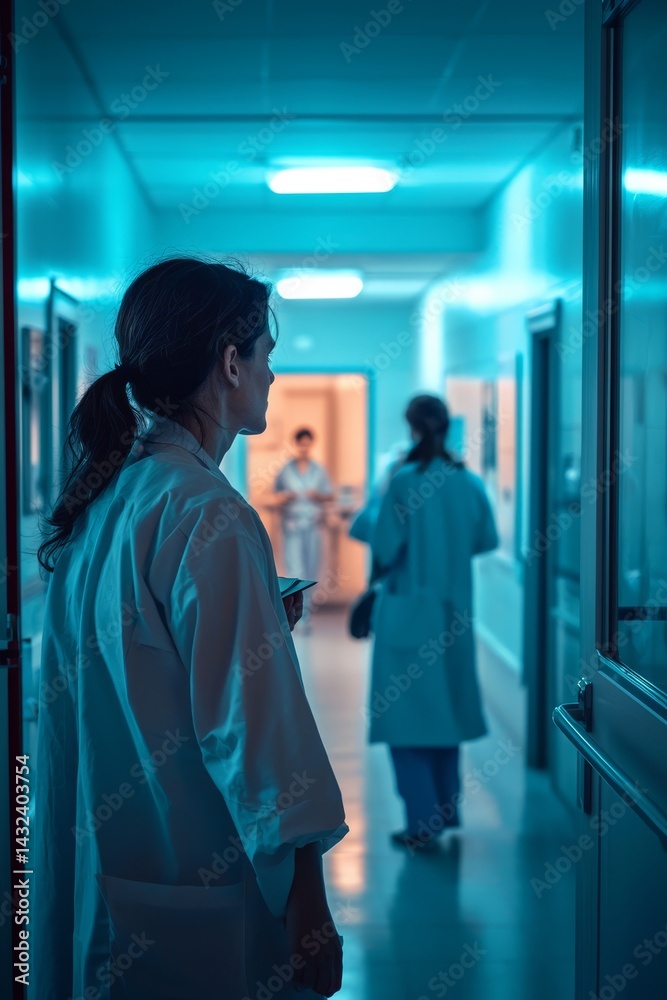 A ward with medical staff moving between rooms. A doctor and nurse discuss the care needed for a critically ill patient. The mood is serious and focused