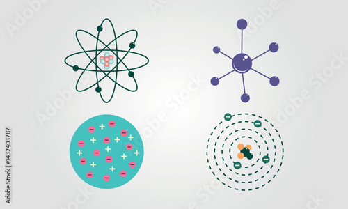Four simplified diagrams of atomic structures suitable for science textbooks, educational materials, presentations, and online courses on chemistry and physics.