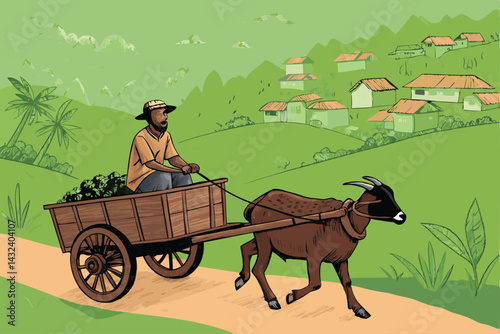 A man riding an Andong, a traditional Indonesian horse-drawn cart, carrying Qurban (sacrificial animal) for Eid al-Adha.
