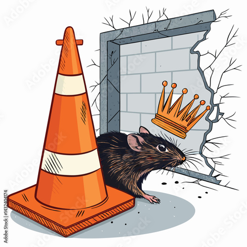Surreal digital art depicting a traffic cone morphing into a crown atop a rat's head.  Focus on intricate detail and vibrant colors.