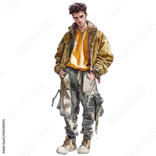 Young Man In A Street Fashion Ensemble, watercolor vector, isolated on a white background.