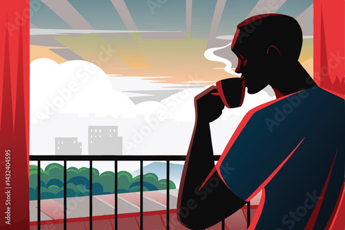 A man relaxes on a balcony, sipping coffee, enjoying a panoramic city view at dawn.  The scene evokes peace and tranquility.