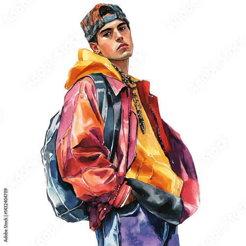 watercolor of Young Man In A Street Fashion Ensemble, vector, isolated on a white background.