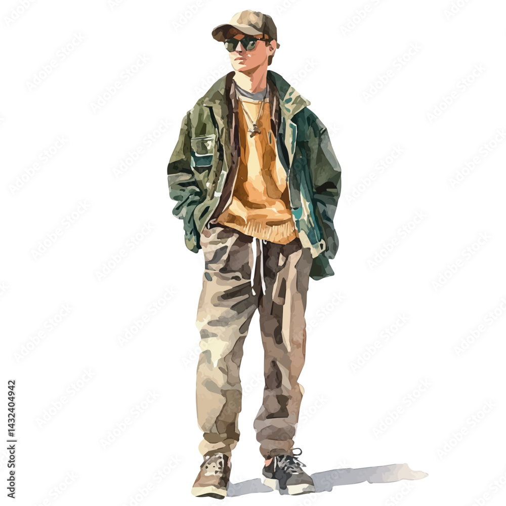 Young Man In A Street Fashion Ensemble, vector watercolor illustration, isolated on a white background. Young Man In A Street Fashion Ensemble, vector watercolor illustration, isolated on a white background.