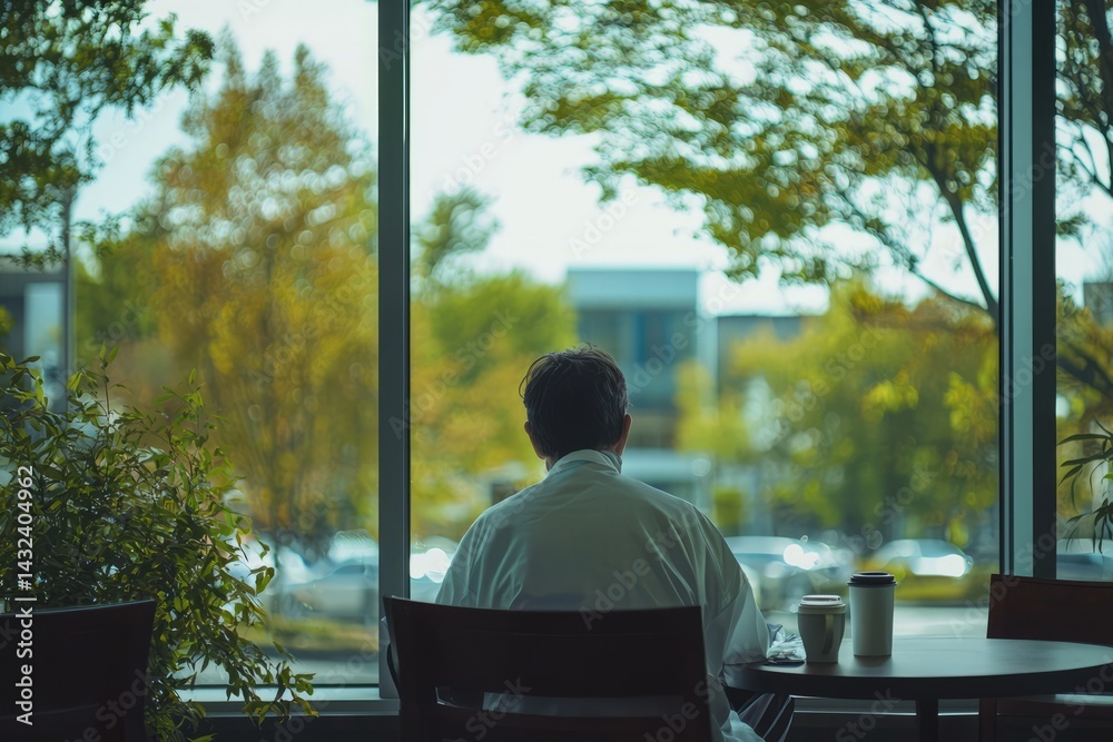 A of the outside. A doctor sits, enjoying a brief moment of quiet with a hot drink. The mood is peaceful and restful